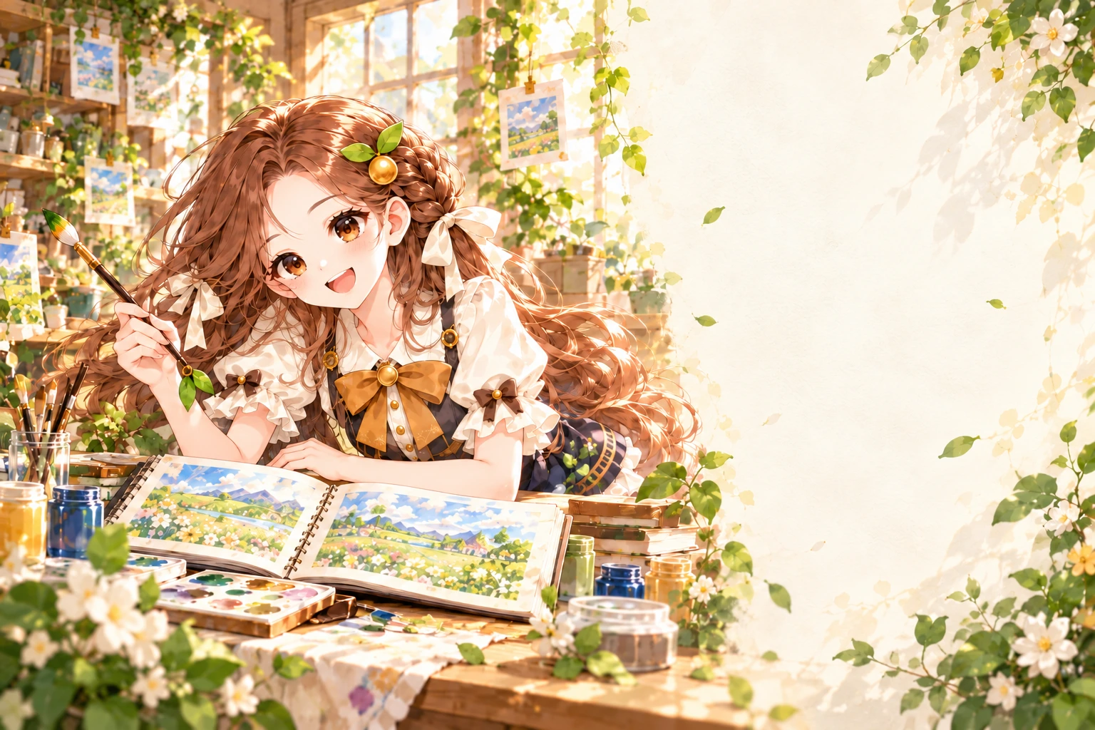 棕发豆包在绿意画室里拿着画笔，身旁摊开画册
