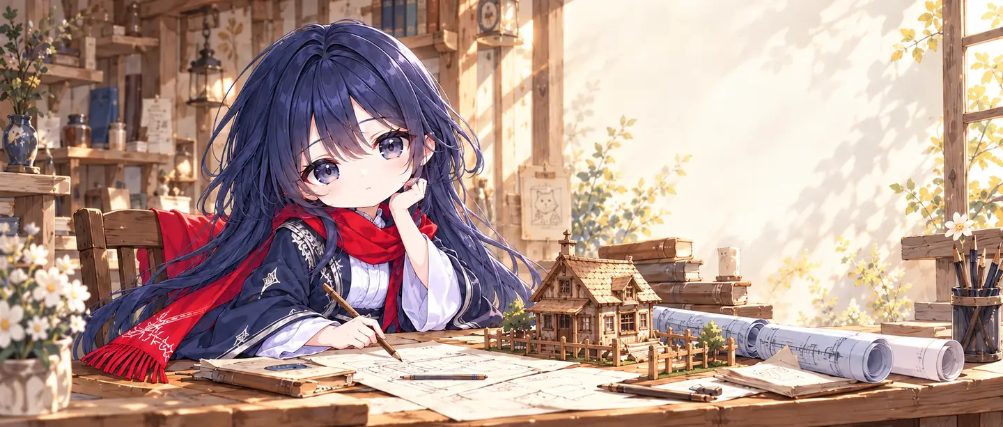 红围巾的 HY4 少女在阳光工房中画图，桌上摆着木屋模型和蓝图。