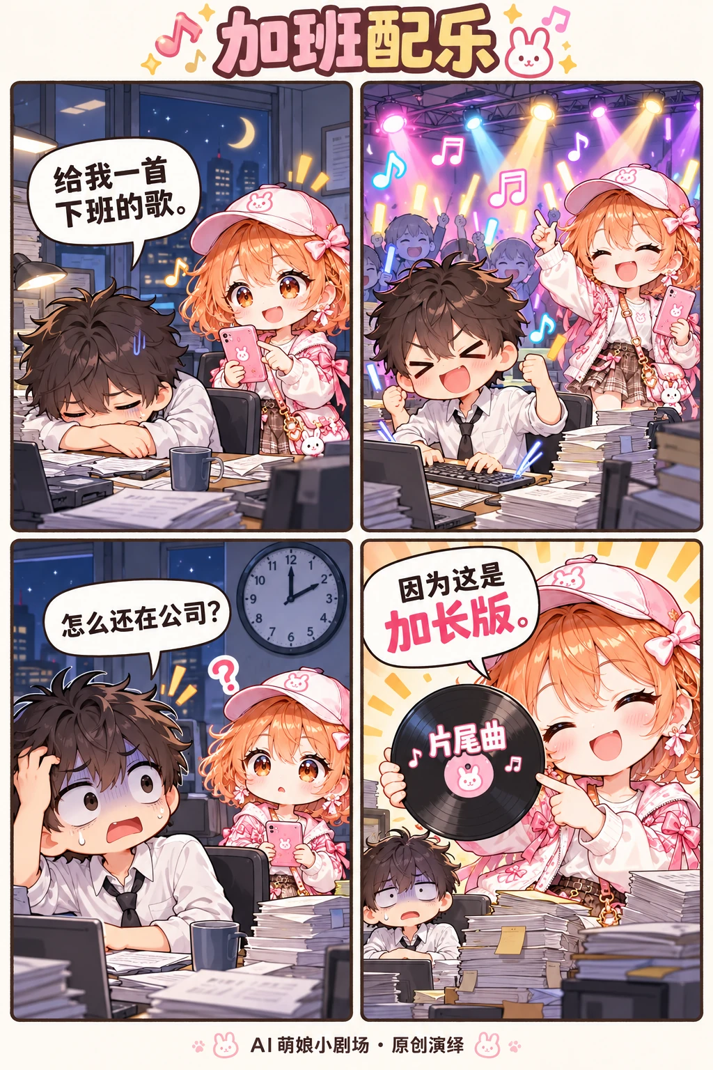 加班配乐，原创四格漫画完整画面