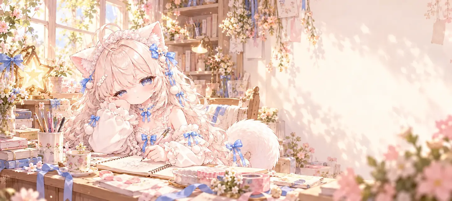 Muse Spark 猫耳少女在暖光工作室的桌边写画，蓝蝴蝶结系在蓬松的单条尾巴上