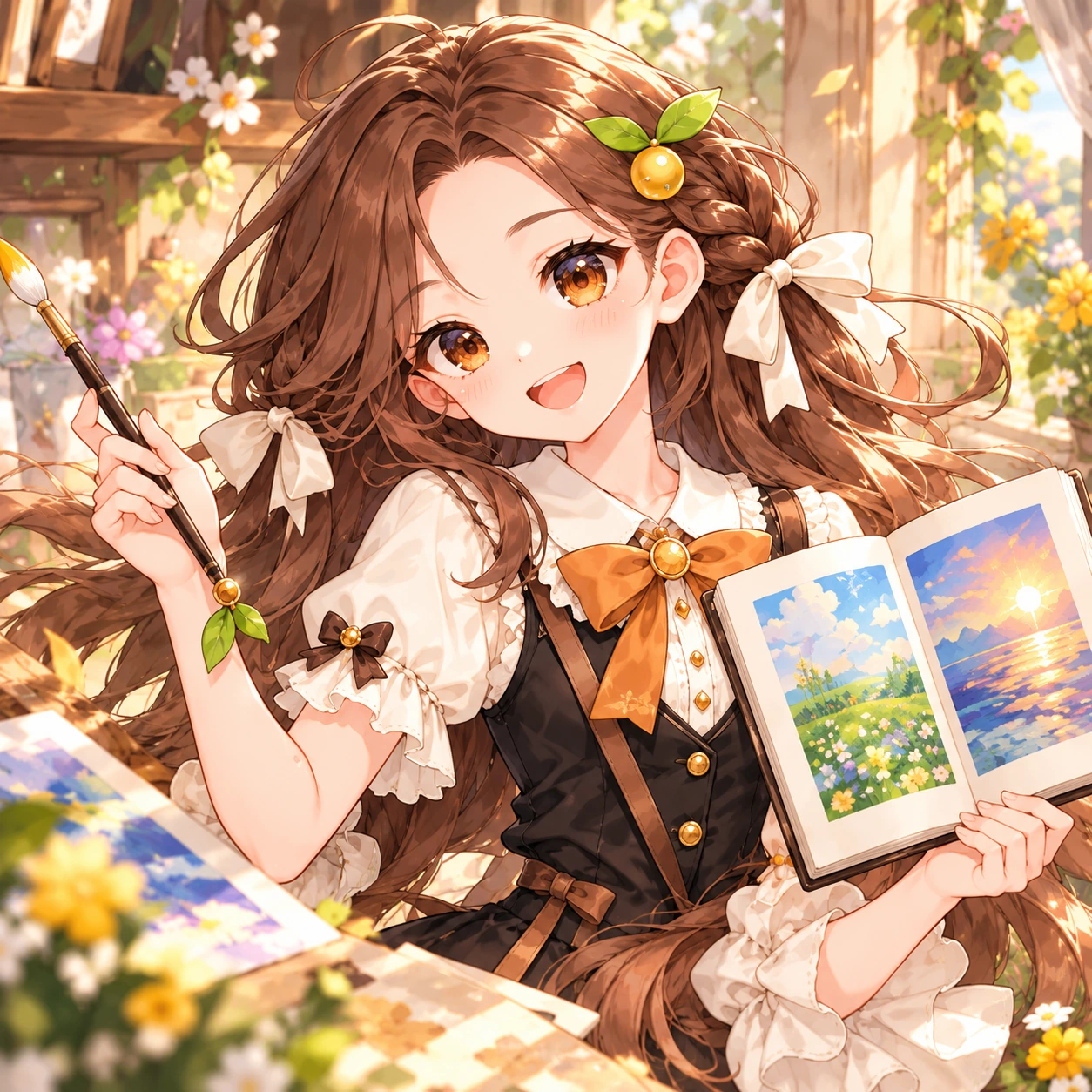 豆包拿着画笔和故事绘本，站在洒满阳光的花园画室里